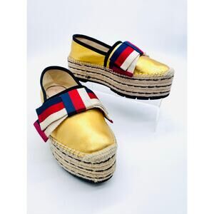 Gucci Sylvie GG Web Bow Platform Espadrilles Metallic Gold Leather EU 38.5